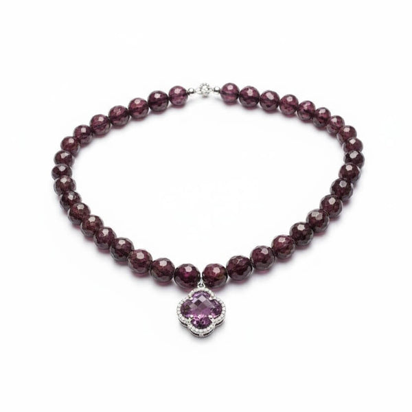 Silver and 10 mm Faceted Garnet Necklace with Pendant, 38 cm
