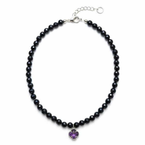 Faceted Onyx Necklace with Stainless Steel Heart Pendant