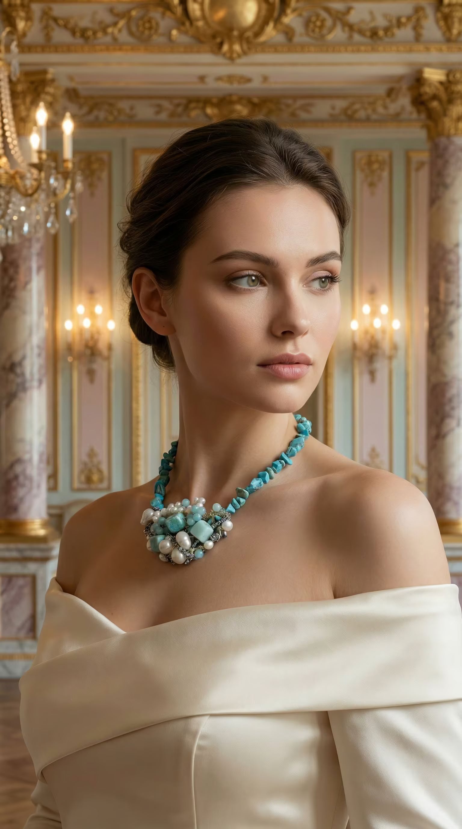 Colier Statement din Turcoaz și Amazonit cu Cluster de Perle Naturale