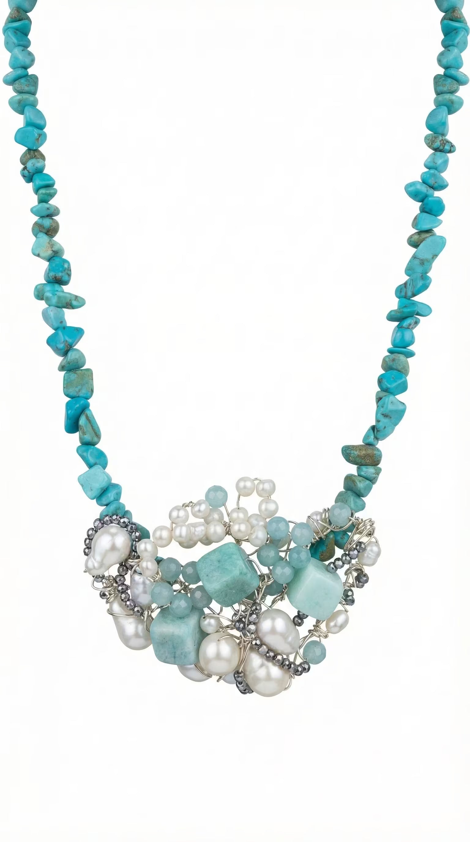 Colier Statement din Turcoaz și Amazonit cu Cluster de Perle Naturale