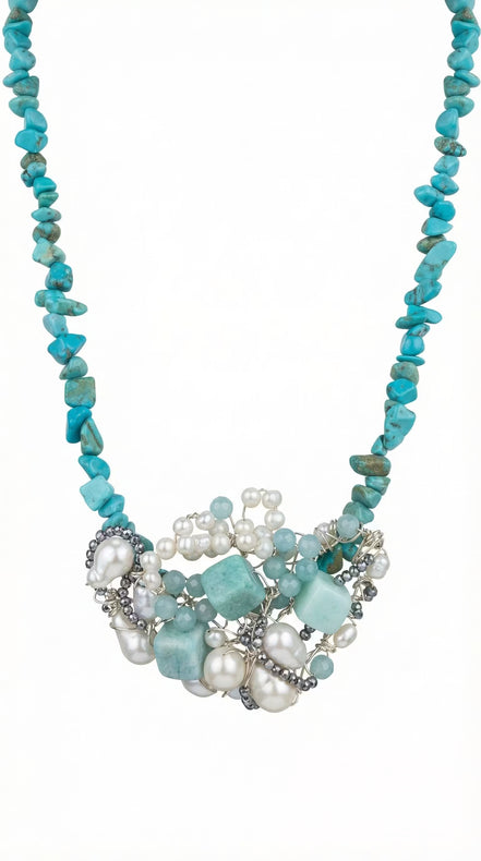 Colier Statement din Turcoaz și Amazonit cu Cluster de Perle Naturale