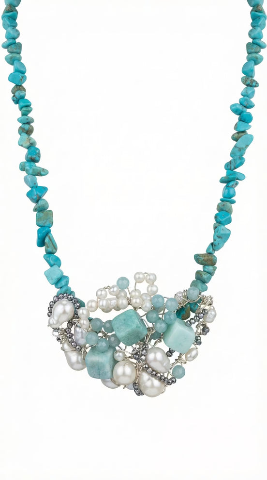 Colier Statement din Turcoaz și Amazonit cu Cluster de Perle Naturale