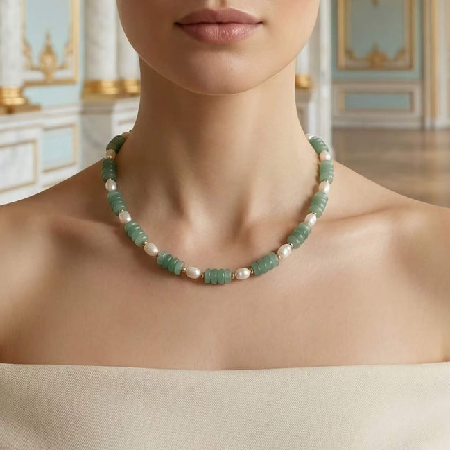 Colier minimalist din aventurin verde fatetat și perle naturale cu argint 925 - detaliu