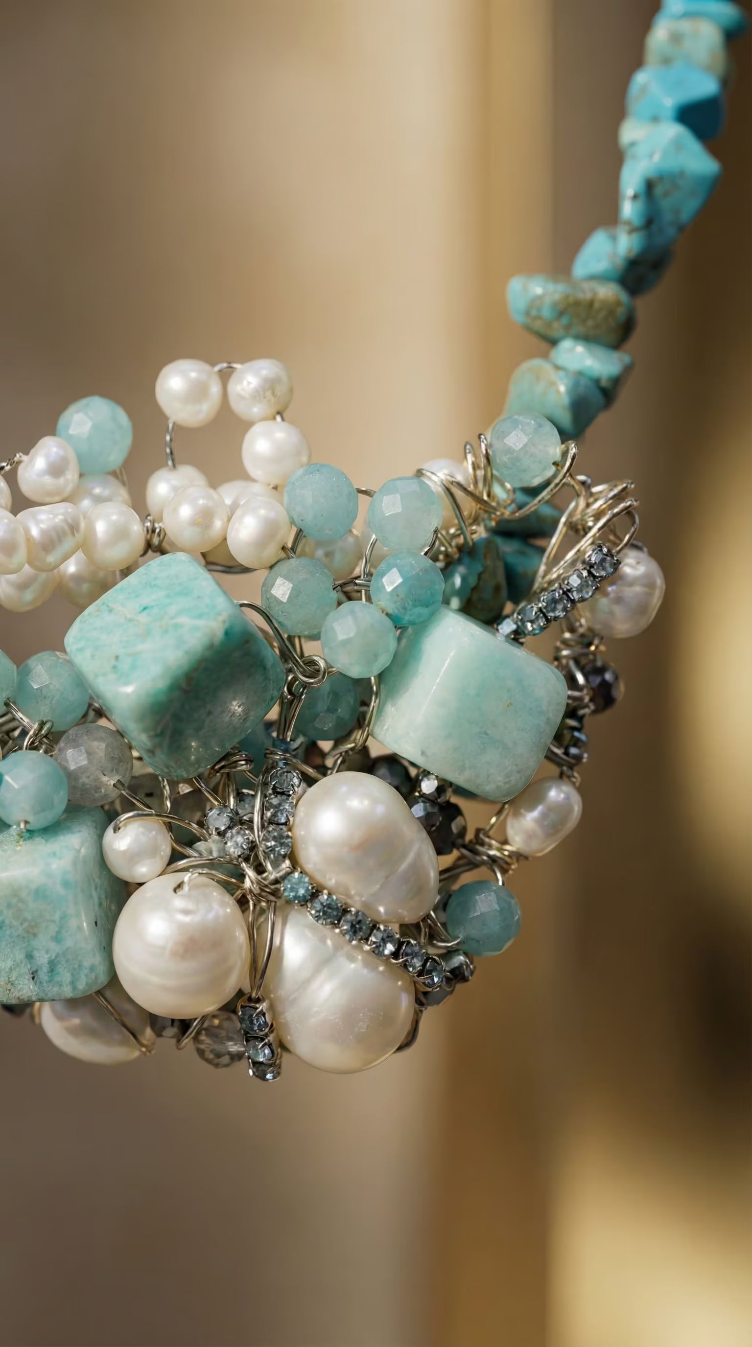 Colier Statement din Turcoaz și Amazonit cu Cluster de Perle Naturale