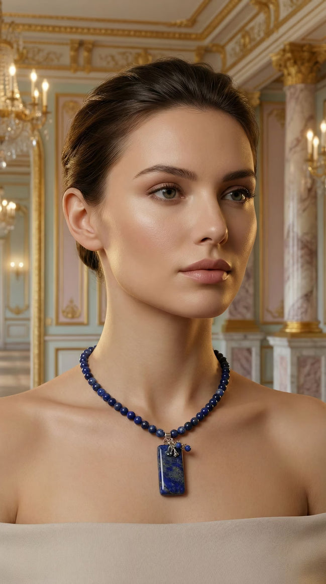 Femeie purtând un colier albastru la baza gâtului cu pandantiv mare dreptunghiular la o ținută cu umerii goi.