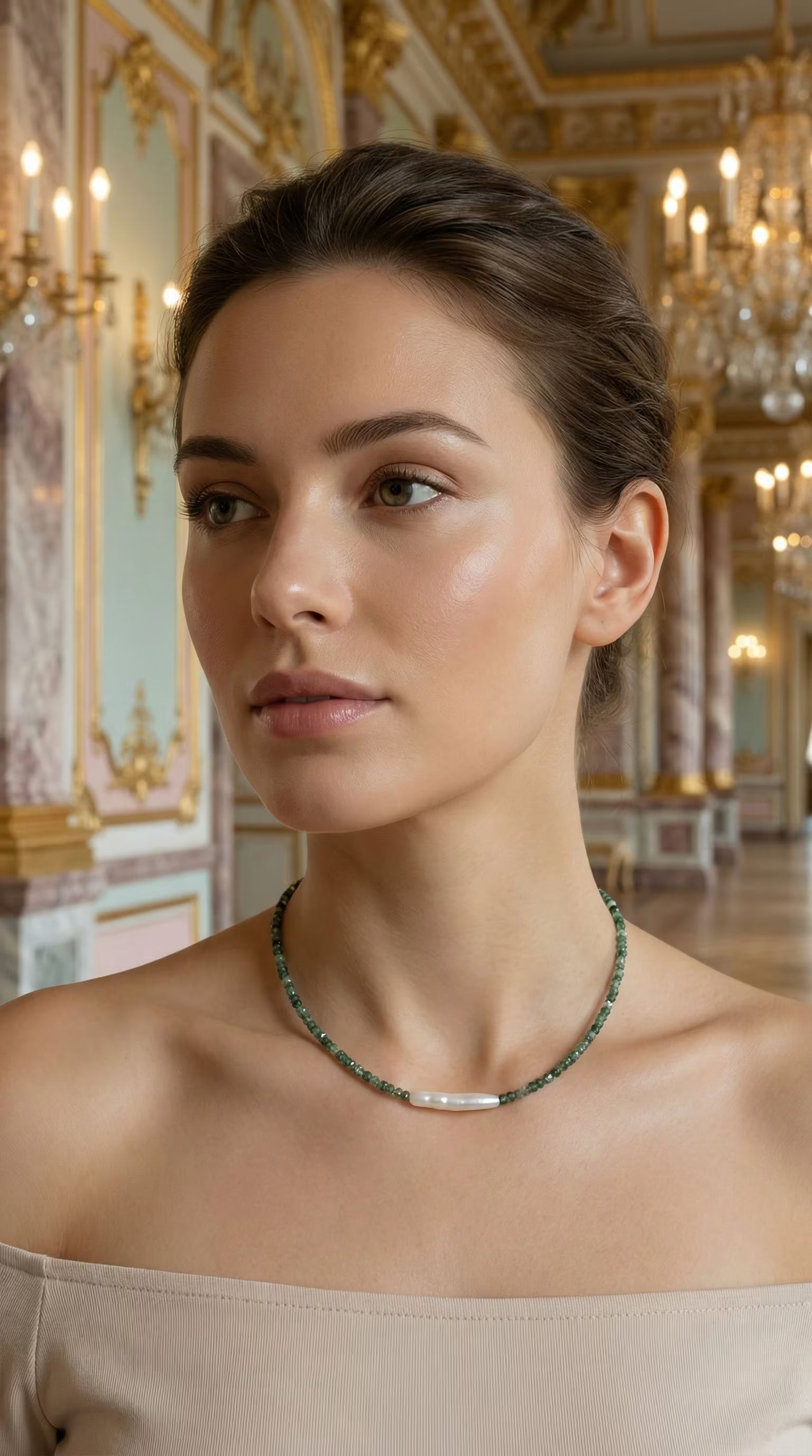 Femeie purtând un colier scurt la baza gâtului din pietre verzi fațetate și perlă alungită, asortat la o rochie crem cu umerii goi.