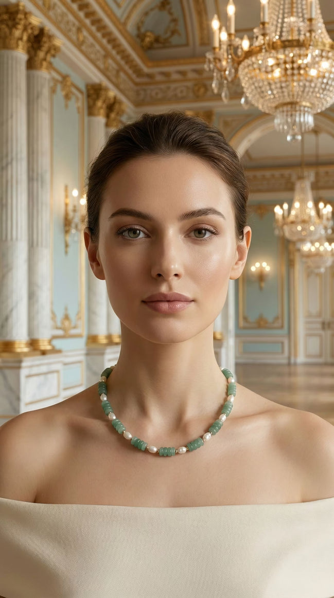 Femeie purtând un colier scurt la baza gâtului din pietre verzi fațetate și perlă alungită, asortat la o rochie crem cu umerii goi.