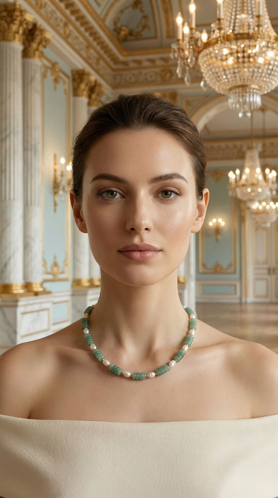 Femeie purtând un colier scurt la baza gâtului din pietre verzi fațetate și perlă alungită, asortat la o rochie crem cu umerii goi.