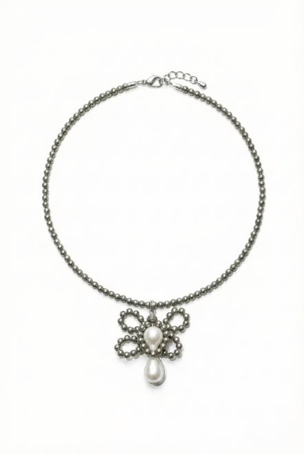 Colier Unicat din Argint cu Pirită Fațetată și Perle de Cultură Baroc, cu Pandantiv Manual