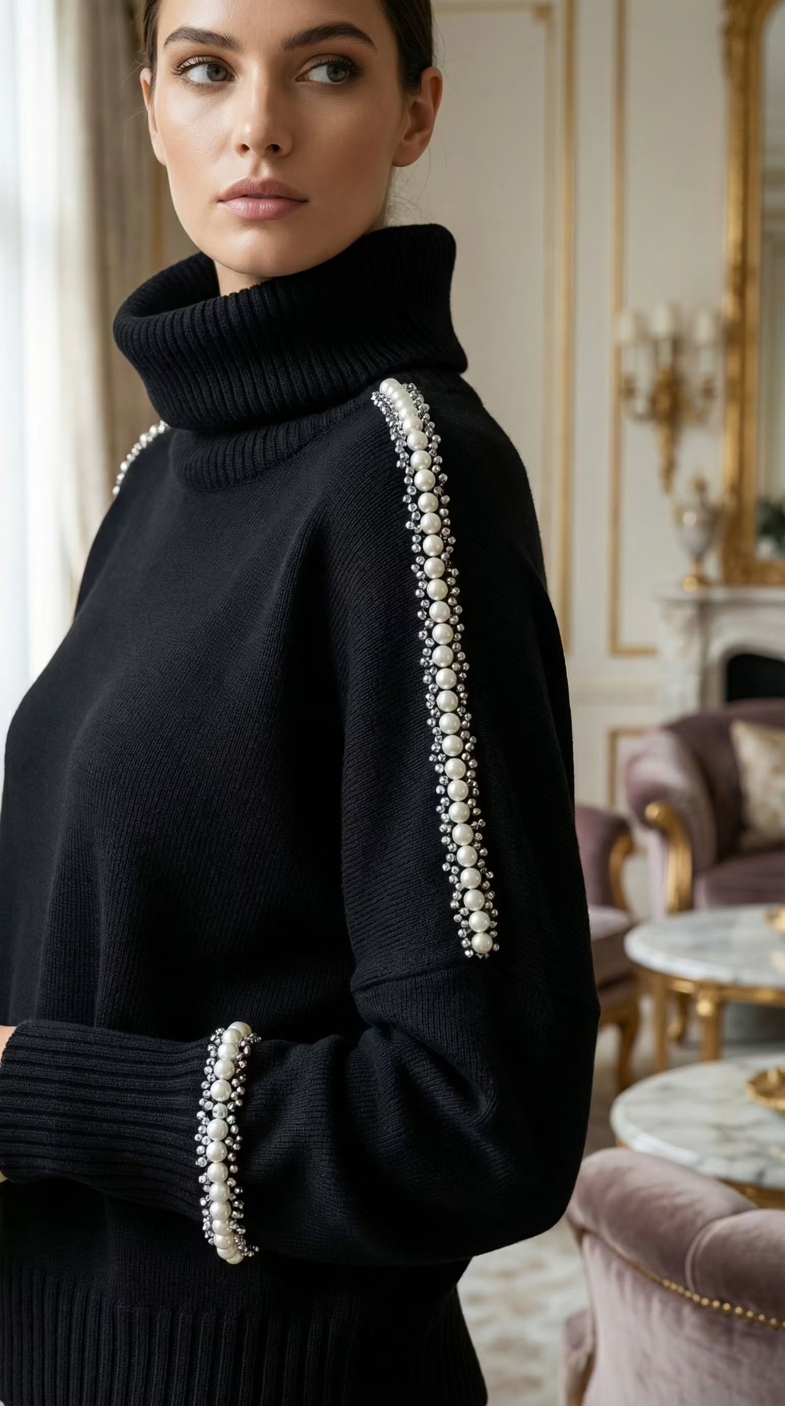 Prim-plan al umărului și gulerului unei malete negre evidențiind șiragul de perle albe și mărgele argintii aplicat pe cusătura raglan.