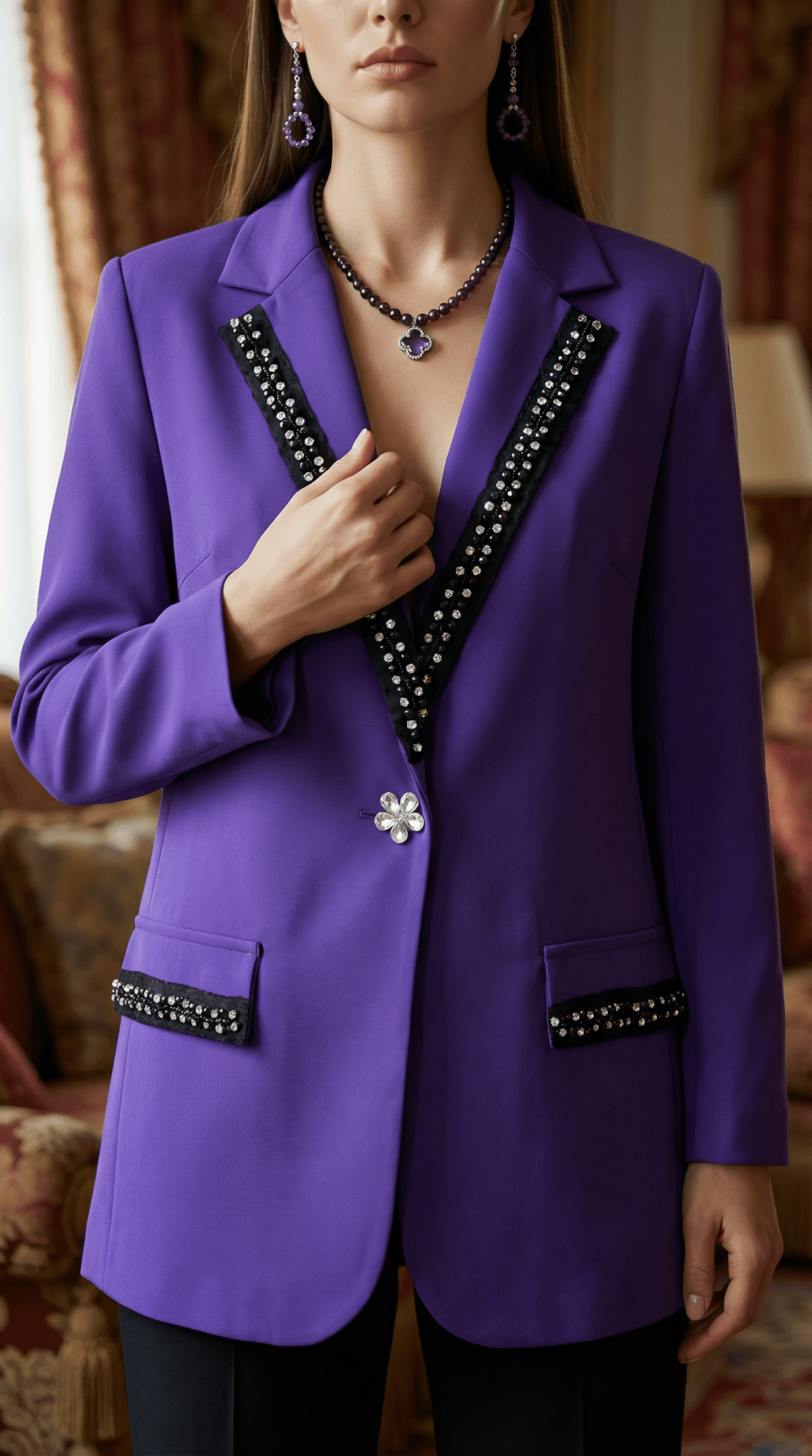 Prim-plan cu zona pieptului a sacoului mov arătând nasturele bijuterie în formă de floare și textura cristalelor aplicate pe rever.