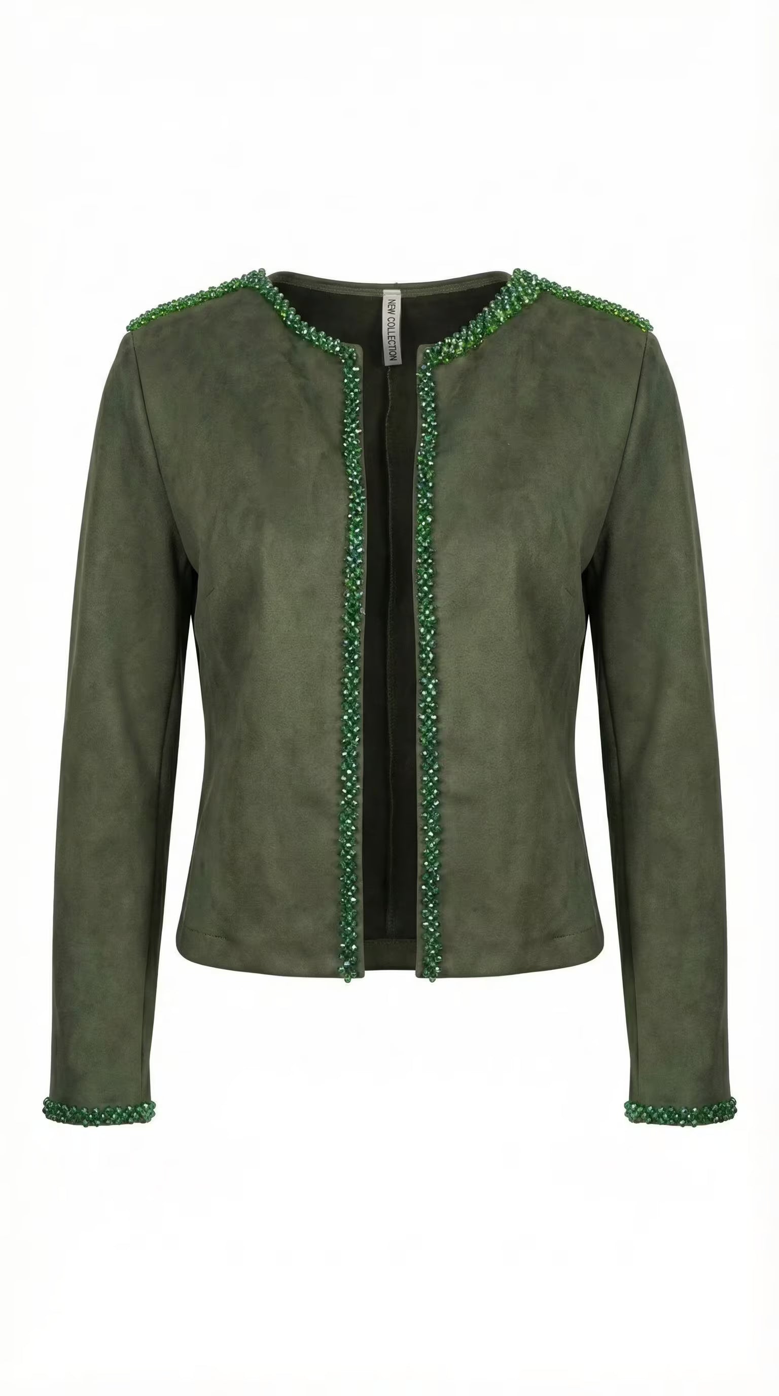 Jachetă open-front de culoare verde închis cu textură moale și borduri decorate cu mărgele sclipitoare pozată pe fundal alb.