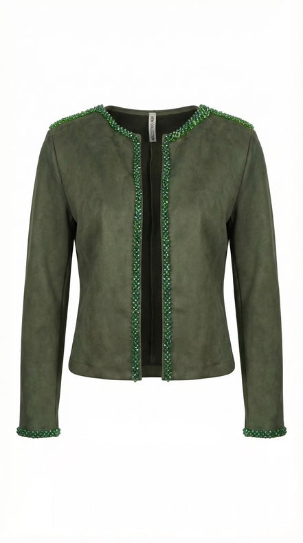 Jachetă open-front de culoare verde închis cu textură moale și borduri decorate cu mărgele sclipitoare pozată pe fundal alb.