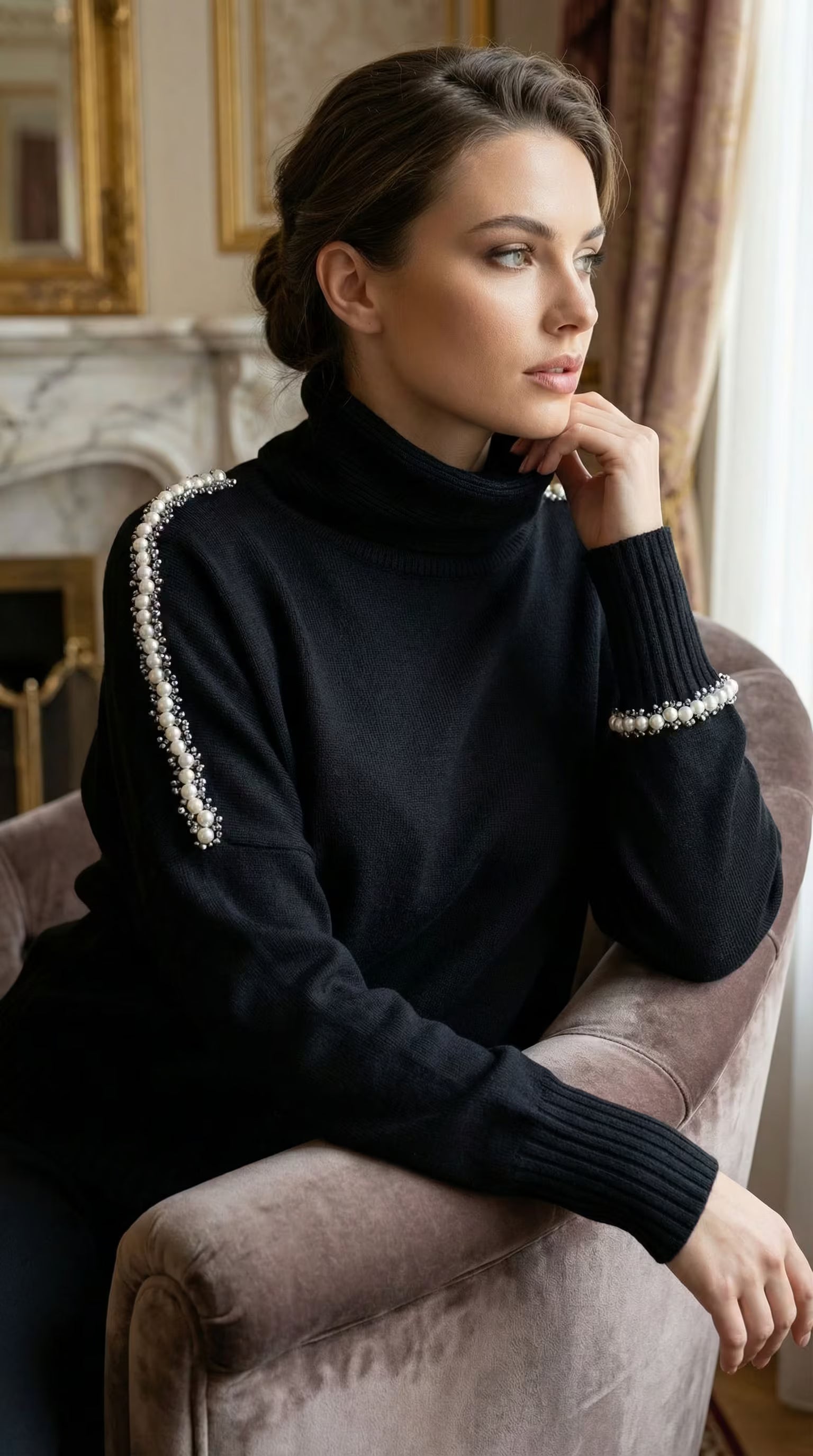 Femeie așezată purtând o maletă neagră cu guler înalt decorată cu perle pe linia umerilor și la manșete într-un decor interior luminos.