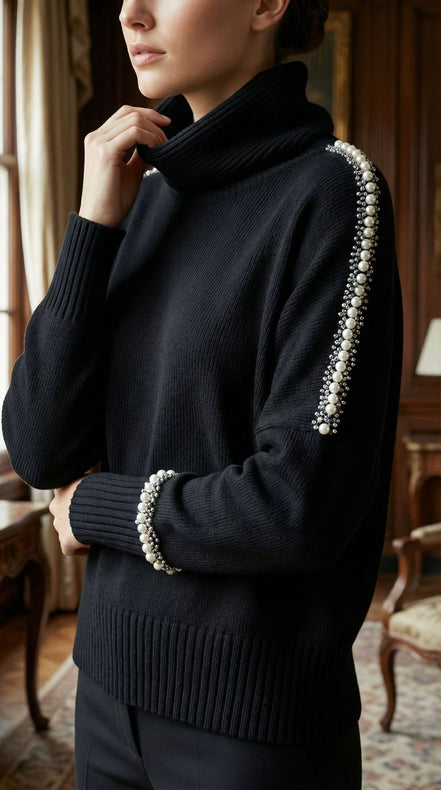 Vedere laterală a unui pulover negru tricotat cu guler rulat și decorațiuni liniare din perle pe lungimea brațului și la terminația manșetei.