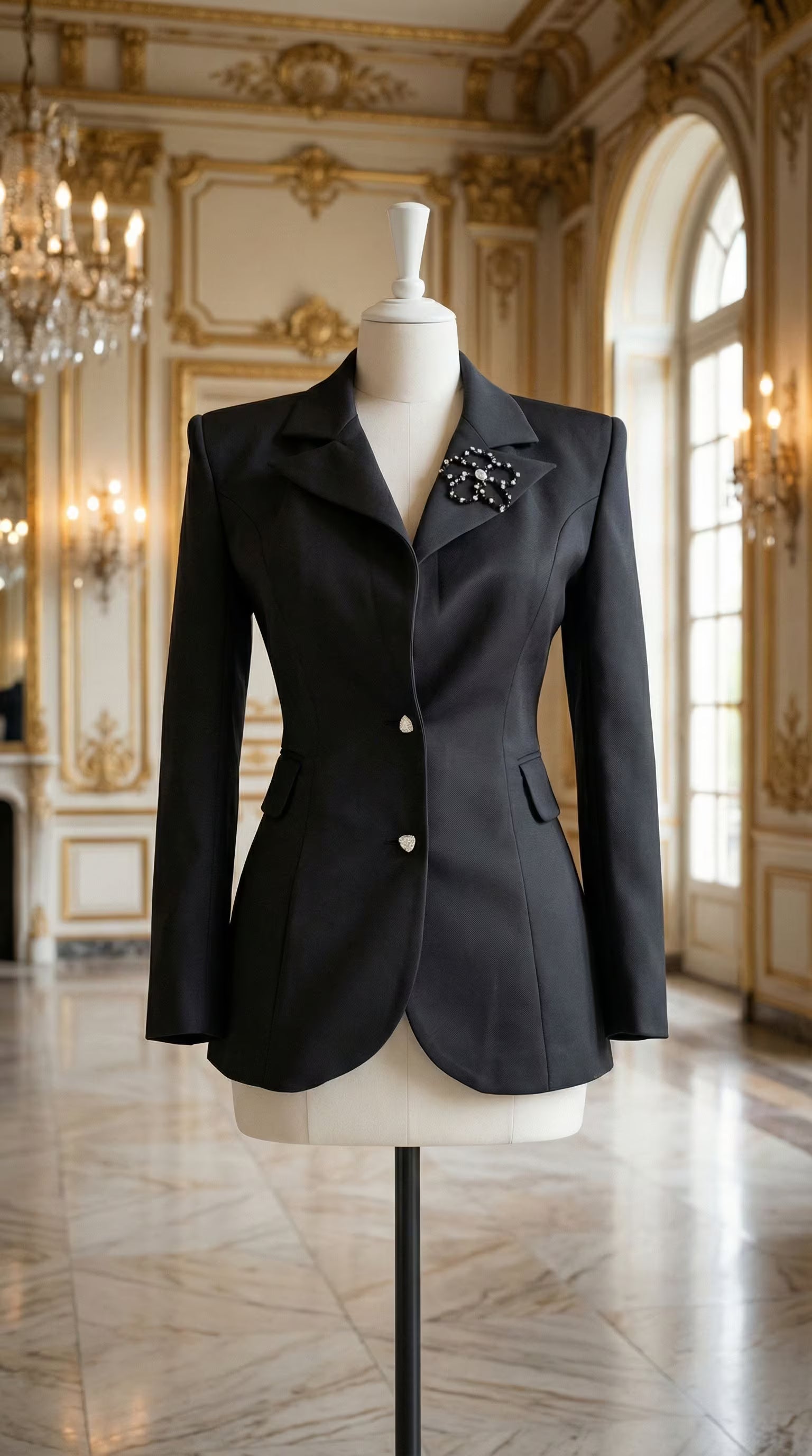 Sacou negru cambrat pozat pe manechin de croitorie cu revere ascuțite satinate nasturi triunghiulari și broșă florală aplicată.