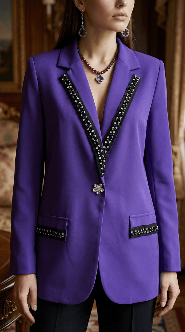 Vedere frontală a unui sacou mov purtat de model evidențiind croiala dreaptă și detaliile strălucitoare de pe reverele negre.
