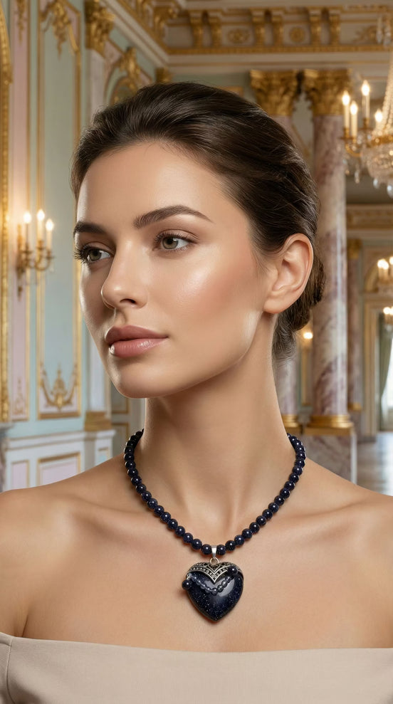 Femeie purtând un colier elegant cu inimă albastră la o ținută de seară bej cu umerii goi într-un decor clasic.