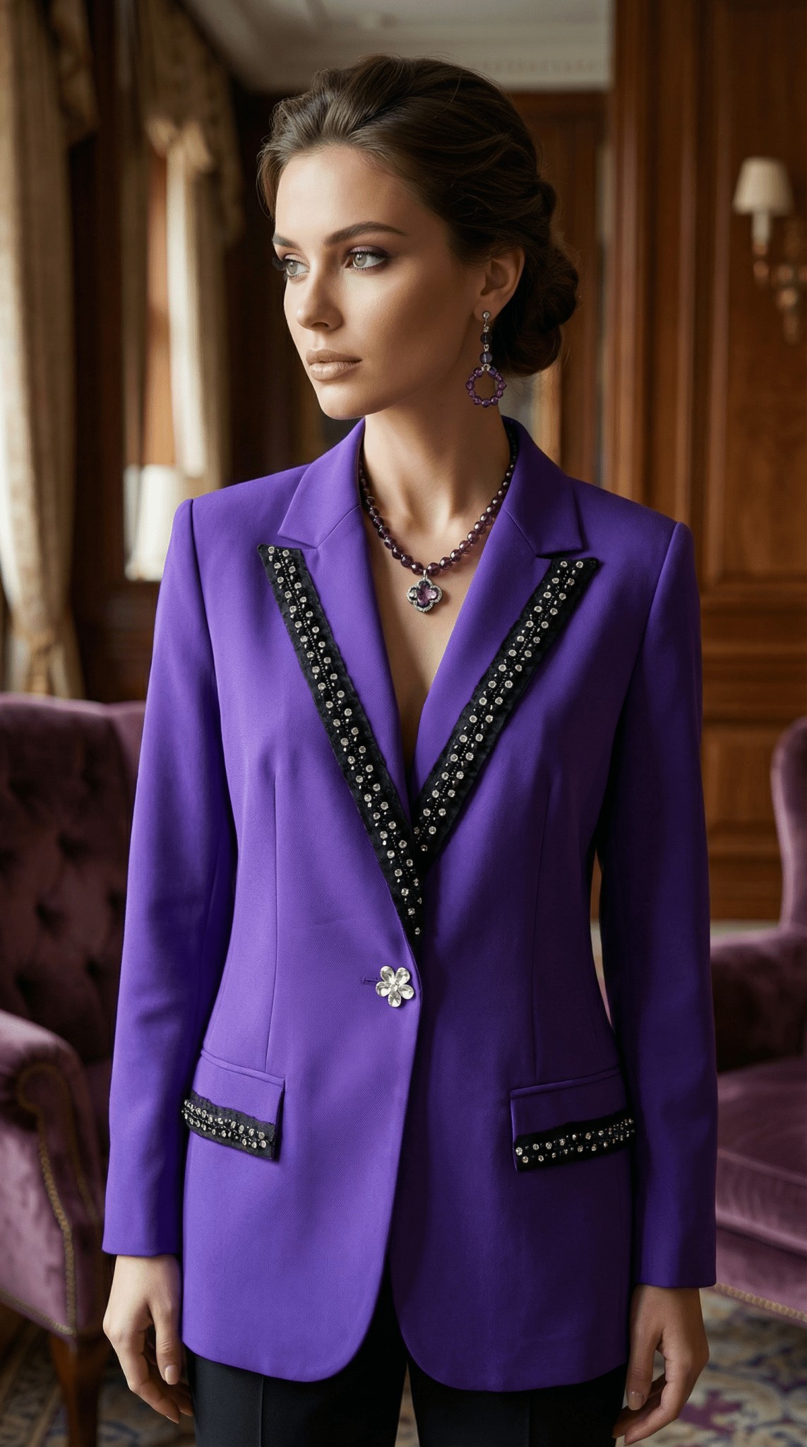 Femeie purtând un sacou violet cu accente negre și cristale într-un decor elegant asortat cu cercei și colier mov.