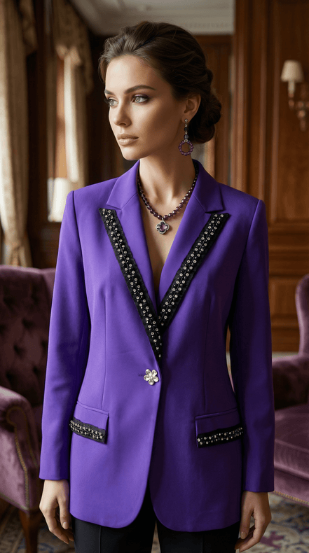 Femeie purtând un sacou violet cu accente negre și cristale într-un decor elegant asortat cu cercei și colier mov.