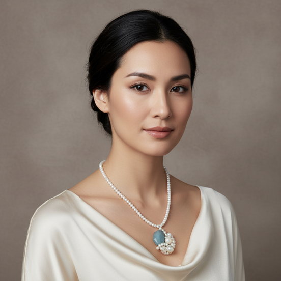 Colier Perle de Cultură AAA cu Aquamarin și Perle Baroc - Argint 40cm