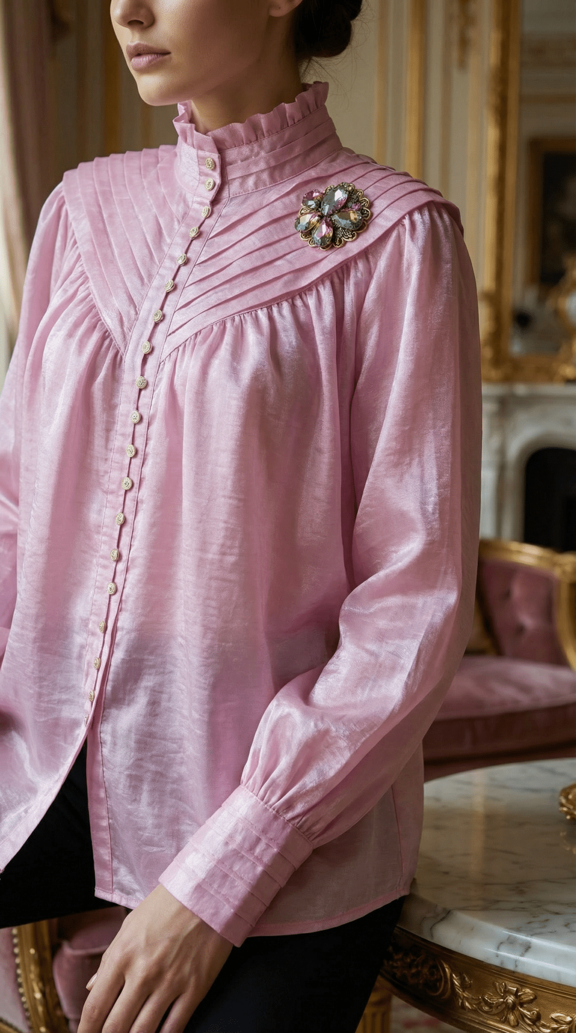 Bluză Roz Satinată cu Pliuri și Broșă Cristal – Accente Laura Stoica - OK Lux. All rights reserved. - Shirts - 