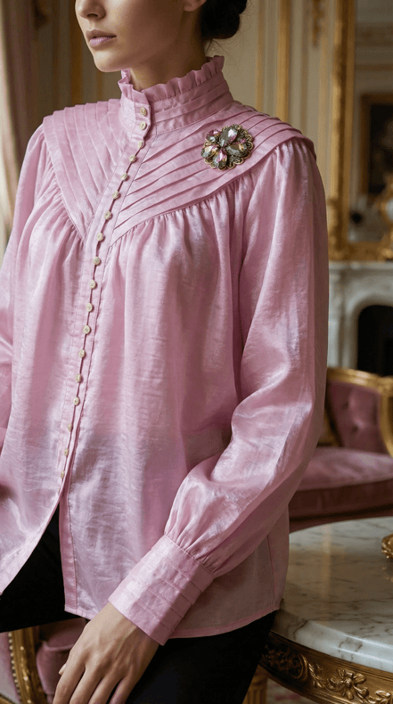Bluză Roz Satinată cu Pliuri și Broșă Cristal – Accente Laura Stoica - OK Lux. All rights reserved. - Shirts - 