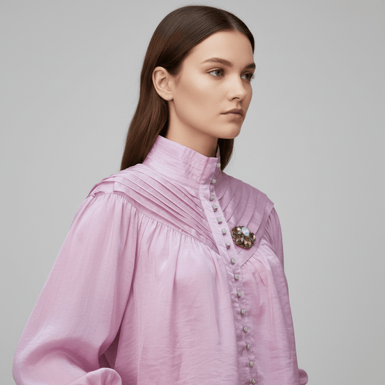 Bluză Roz Satinată cu Pliuri și Broșă Cristal – Accente Laura Stoica - OK Lux. All rights reserved. - Shirts - 