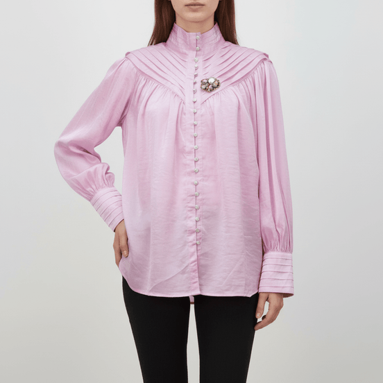 Bluză Roz Satinată cu Pliuri și Broșă Cristal – Accente Laura Stoica - OK Lux. All rights reserved. - Shirts - 