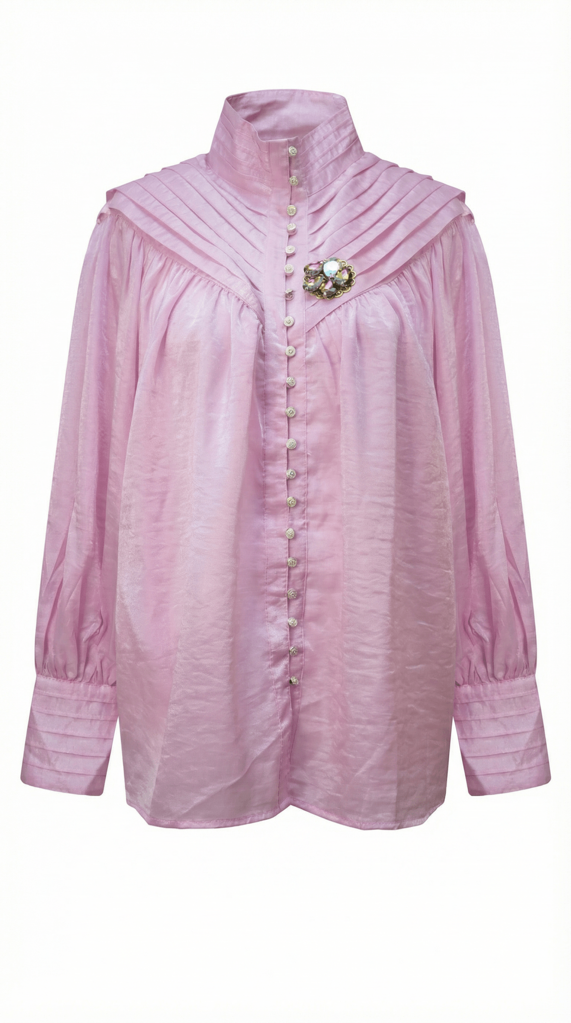 Bluză Roz Satinată cu Pliuri și Broșă Cristal – Accente Laura Stoica - OK Lux. All rights reserved. - Shirts - 