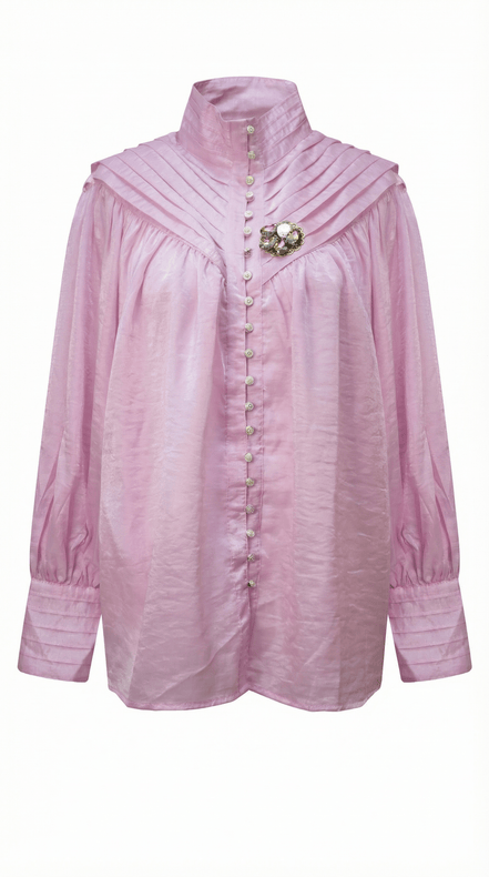 Bluză Roz Satinată cu Pliuri și Broșă Cristal – Accente Laura Stoica - OK Lux. All rights reserved. - Shirts - 
