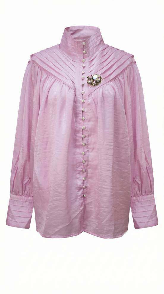 Bluză Roz Satinată cu Pliuri și Broșă Cristal – Accente Laura Stoica - OK Lux. All rights reserved. - Shirts - 