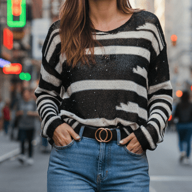 Bluză Subțire Tricotată cu Dungi și Paiete - OK Lux. All rights reserved. - Blouses - 