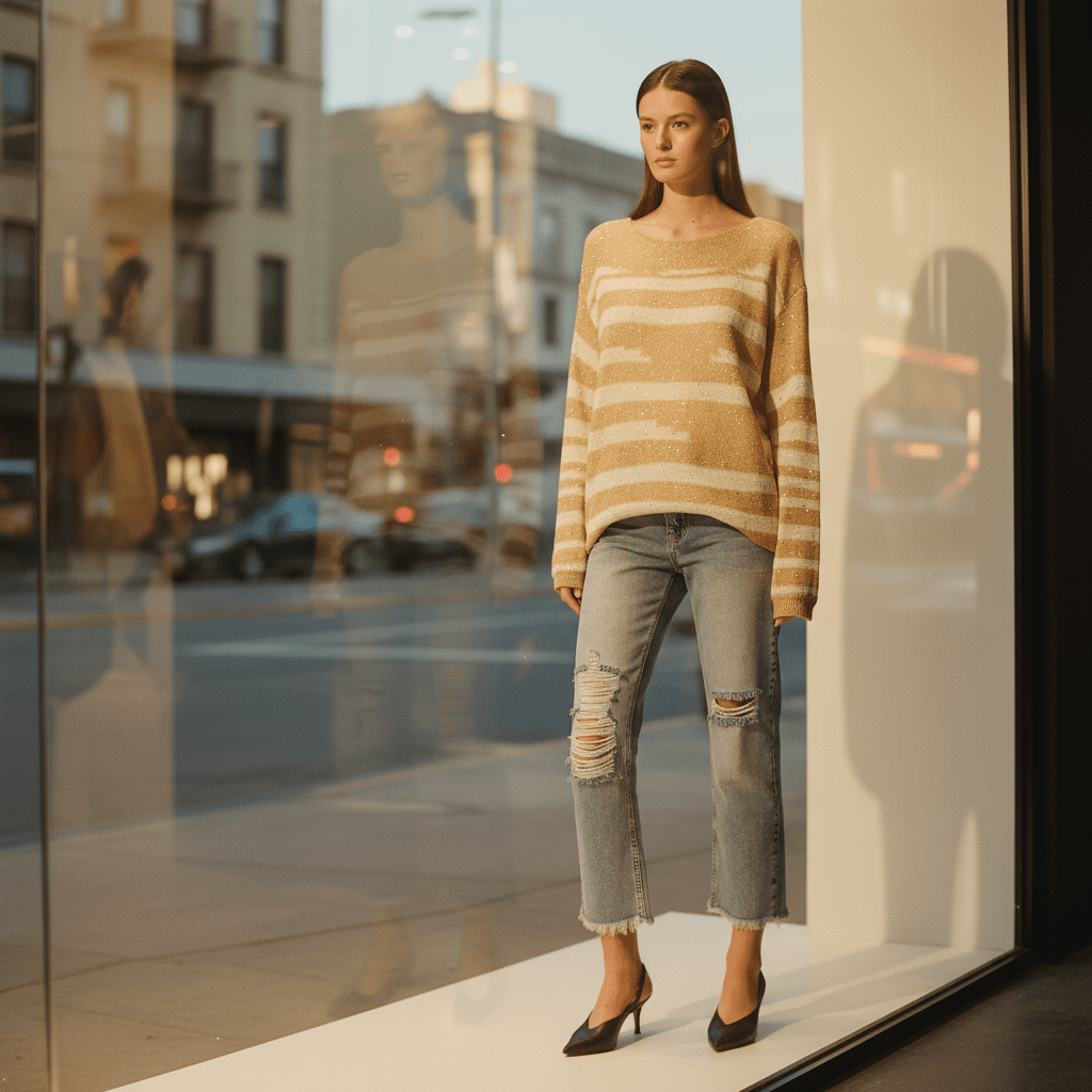 Bluză Tricotată Subțire cu Dungi și Paiete - OK Lux. All rights reserved. - Blouses - 