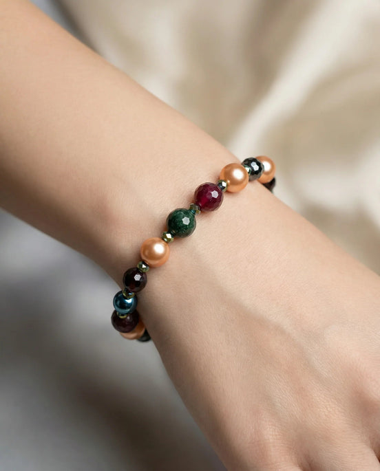 Brățară Jad Roșu și Verde cu Hematit și Perle Mallorca - Bijuterie Handmade 19cm - OK Lux. All rights reserved. - Bijuterii - 