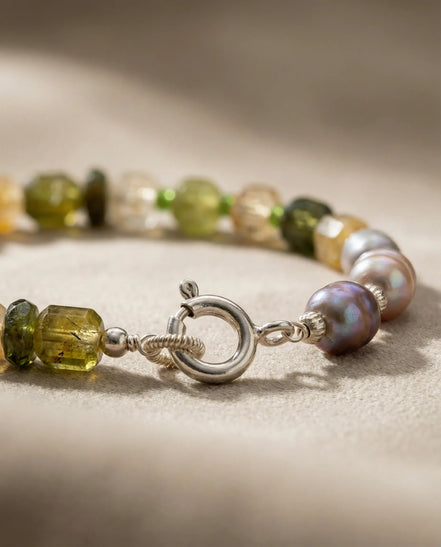 Brățară realizată manual din citrin, peridot și perle de cultură, cu bile din argint - OK Lux. All rights reserved. - Bijuterii - 