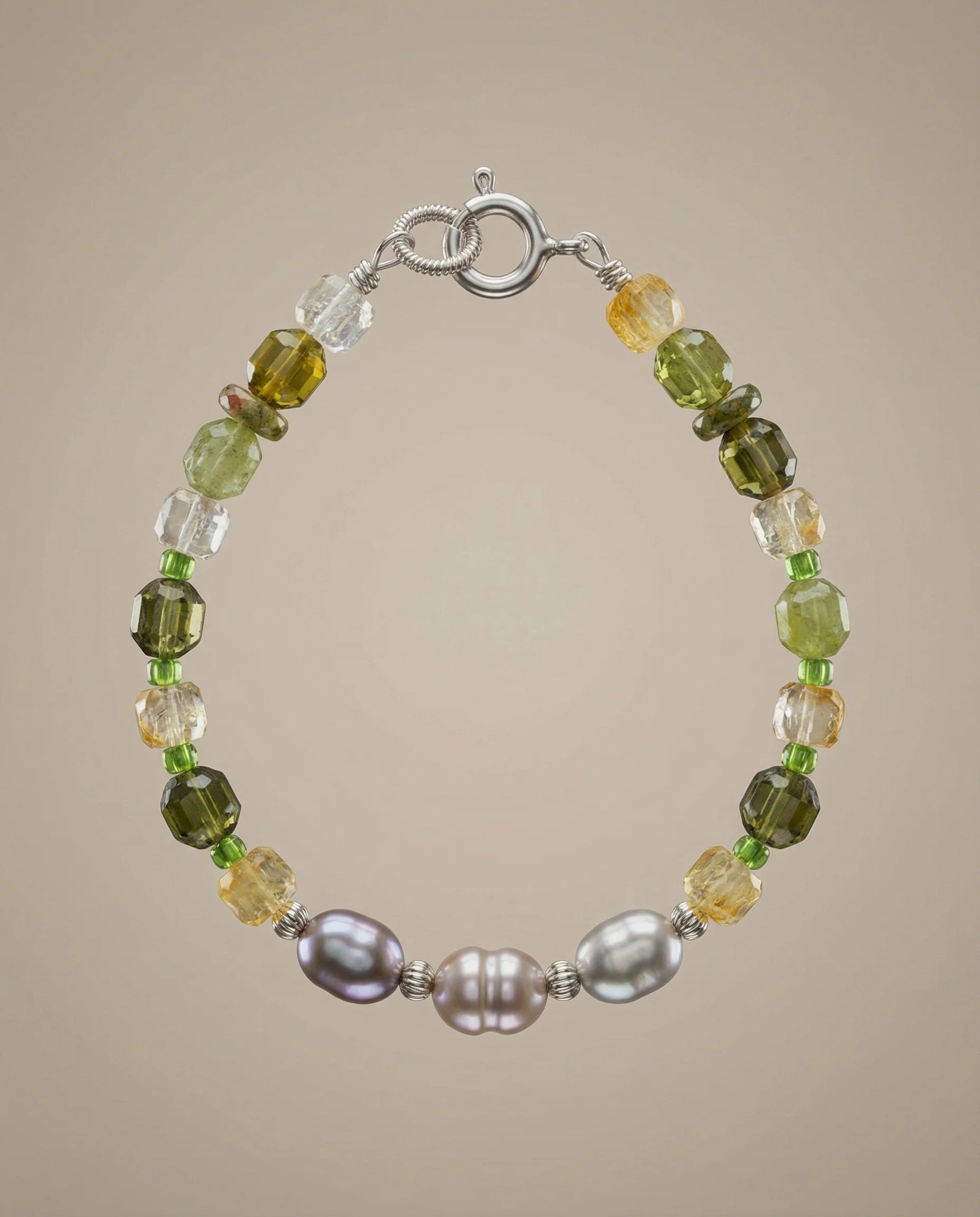 Brățară realizată manual din citrin, peridot și perle de cultură, cu bile din argint - OK Lux. All rights reserved. - Bijuterii - 