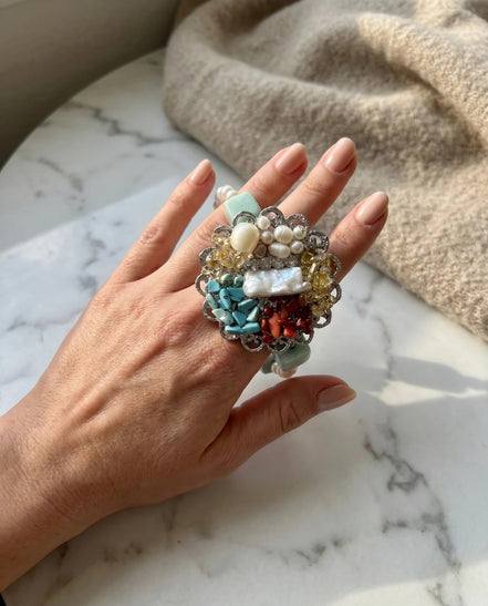 Brățară Unicat cu Coral, Turcoaz, Citrin, Perle Baroc și Amazonit – Argint 925 - OK Lux. All rights reserved. - Bijuterii - 