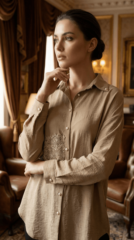 Camasa bej, accesorizata manual cu dantela si cristale - OK Lux. All rights reserved. - Skirts - 