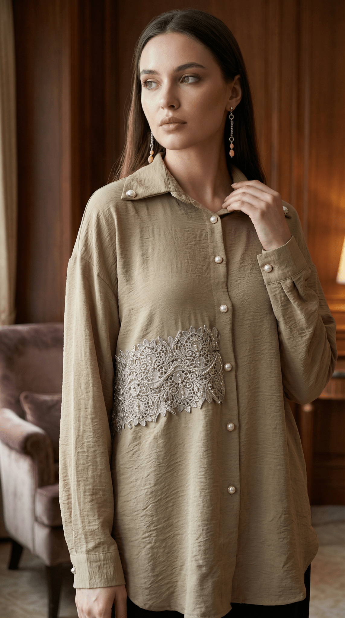 Camasa bej, accesorizata manual cu dantela si cristale - OK Lux. All rights reserved. - Skirts - 