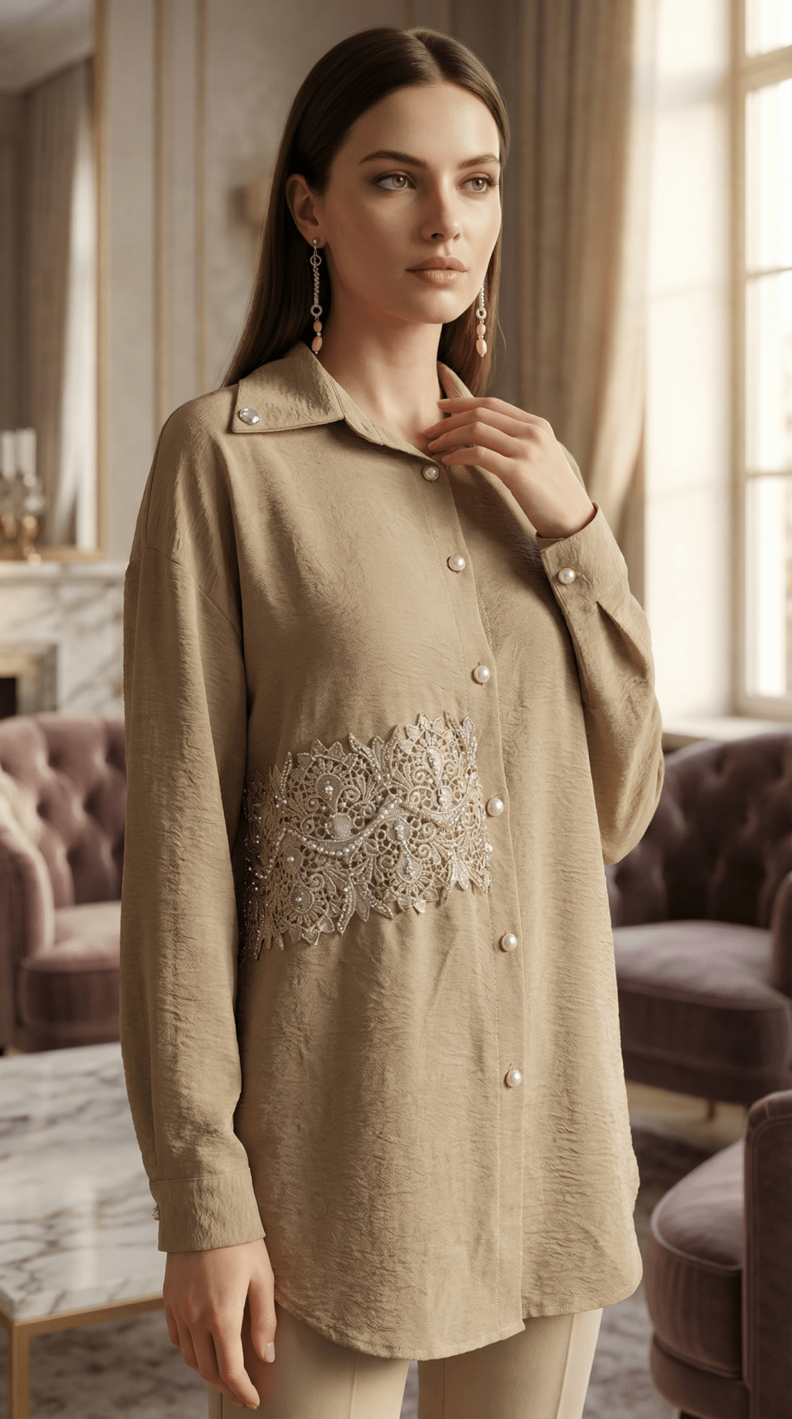 Camasa bej, accesorizata manual cu dantela si cristale - OK Lux. All rights reserved. - Skirts - 