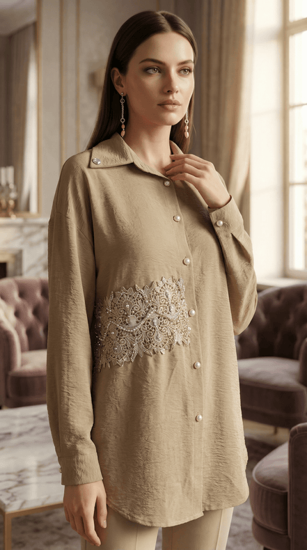 Camasa bej, accesorizata manual cu dantela si cristale - OK Lux. All rights reserved. - Skirts - 
