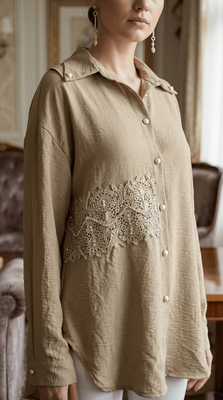 Camasa bej, accesorizata manual cu dantela si cristale - OK Lux. All rights reserved. - Skirts - 