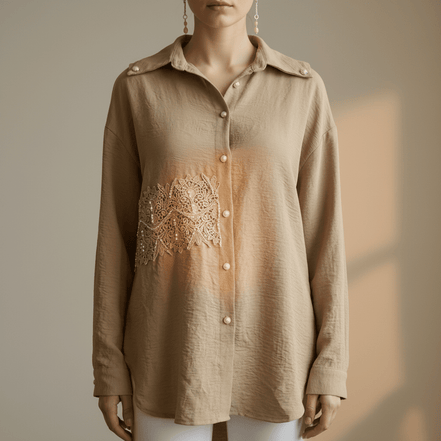 Cămașă Bej Accesorizată Manual cu Dantelă și Cristale – Handmade by Laura Stoica - OK Lux. All rights reserved. - Cămăși - 