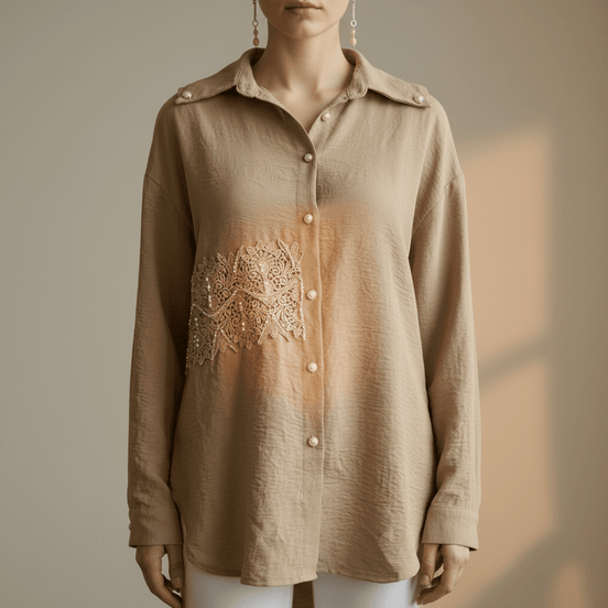 Cămașă Bej Accesorizată Manual cu Dantelă și Cristale – Handmade by Laura Stoica - OK Lux. All rights reserved. - Cămăși - 