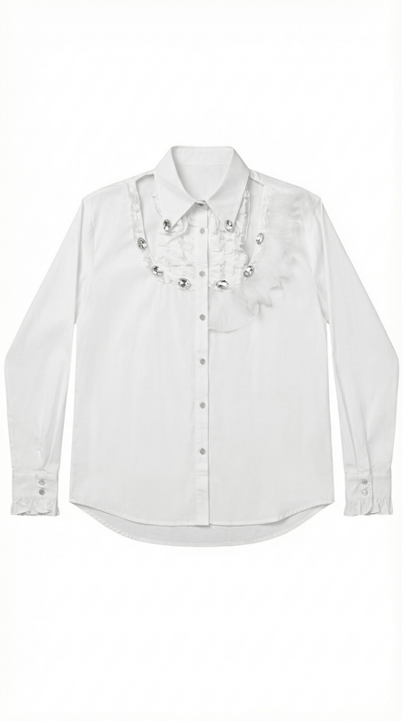 Cămașă „Crystal Clarity” – Albă cu Volane și Cristale - OK Lux. All rights reserved. - Shirts - 