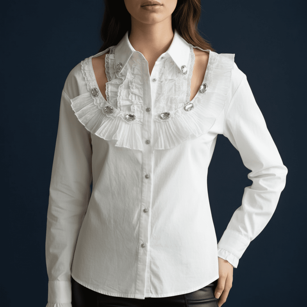 Cămașă Crystal Clarity – Albă cu Volane și Cristale – Handmade by Laura Stoica - OK Lux. All rights reserved. - Cămăși - 