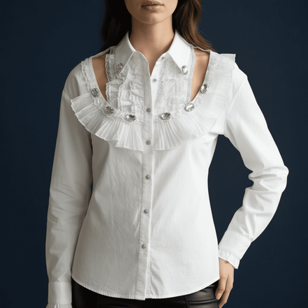 Cămașă Crystal Clarity – Albă cu Volane și Cristale – Handmade by Laura Stoica - OK Lux. All rights reserved. - Cămăși - 