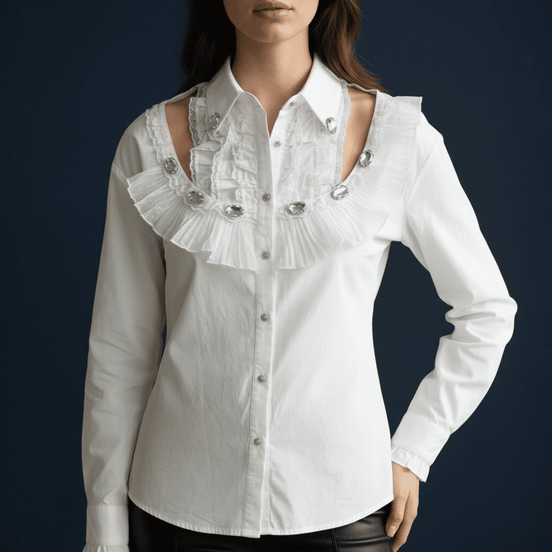 Cămașă Crystal Clarity – Albă cu Volane și Cristale – Handmade by Laura Stoica - OK Lux. All rights reserved. - Cămăși - 