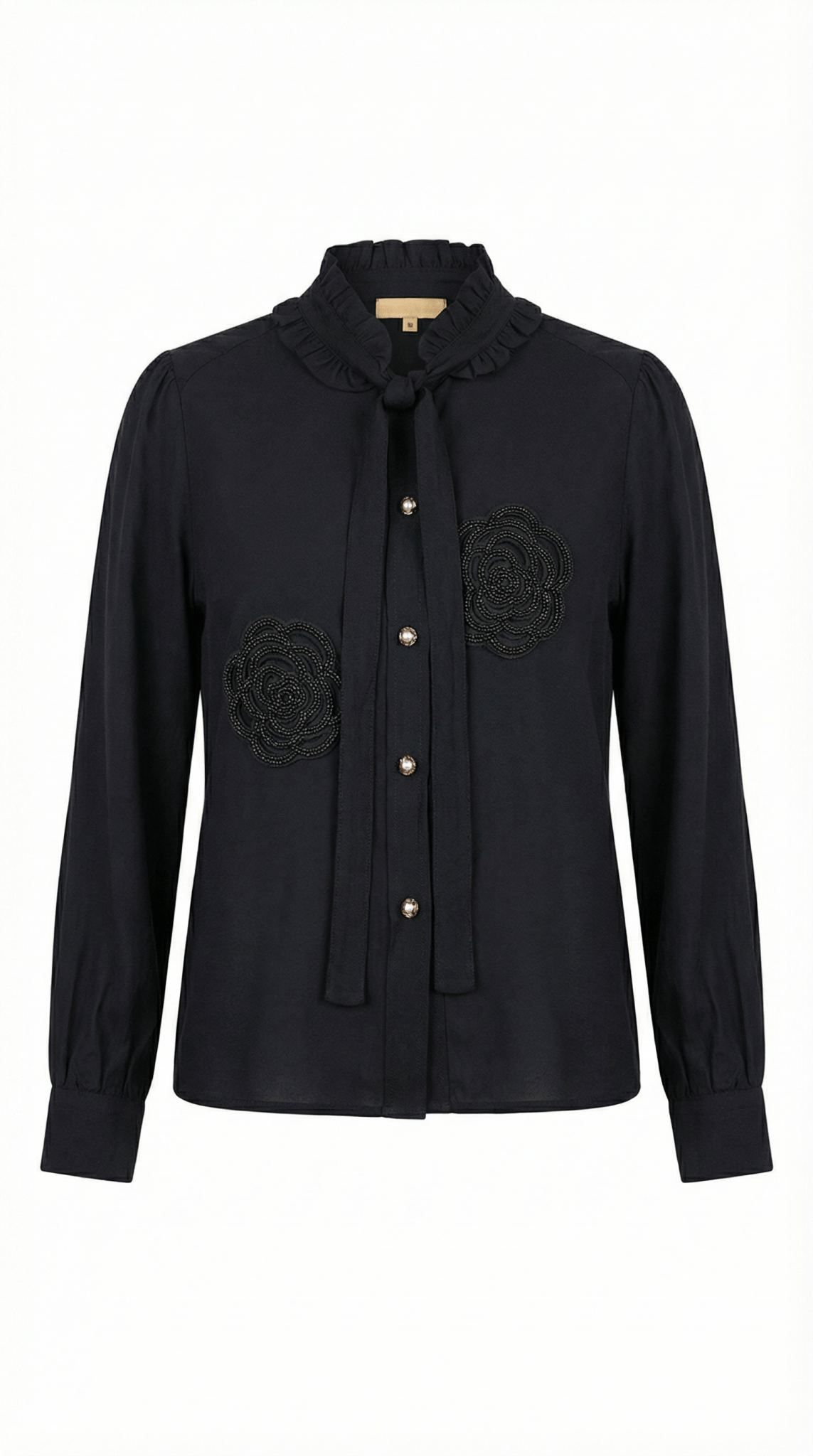 Cămașă „Midnight Rose” – Neagră cu Trandafiri din Mărgele și Eșarfă - OK Lux. All rights reserved. - Shirts - 